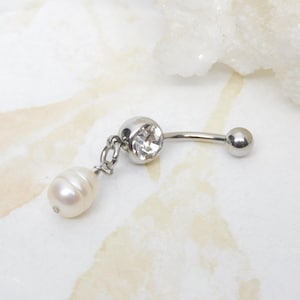 White Pearl Belly Ring You Choose Finish, Belly Button Jewelry, Dangle Belly Ring, Nautical Beach Ocean, Pearl Jewelry