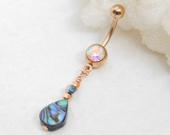 Abalone Shell Rose Gold Belly Ring, Belly Button Jewelry, Unique Belly Ring, Navel Rings, Dangle Belly Ring