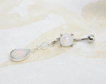 Opalite Teardrop Belly Button Ring You Choose Barbell Style, Teardrop Belly Ring, Dangle Belly Ring, Gemstone Belly Ring, Body Jewelry