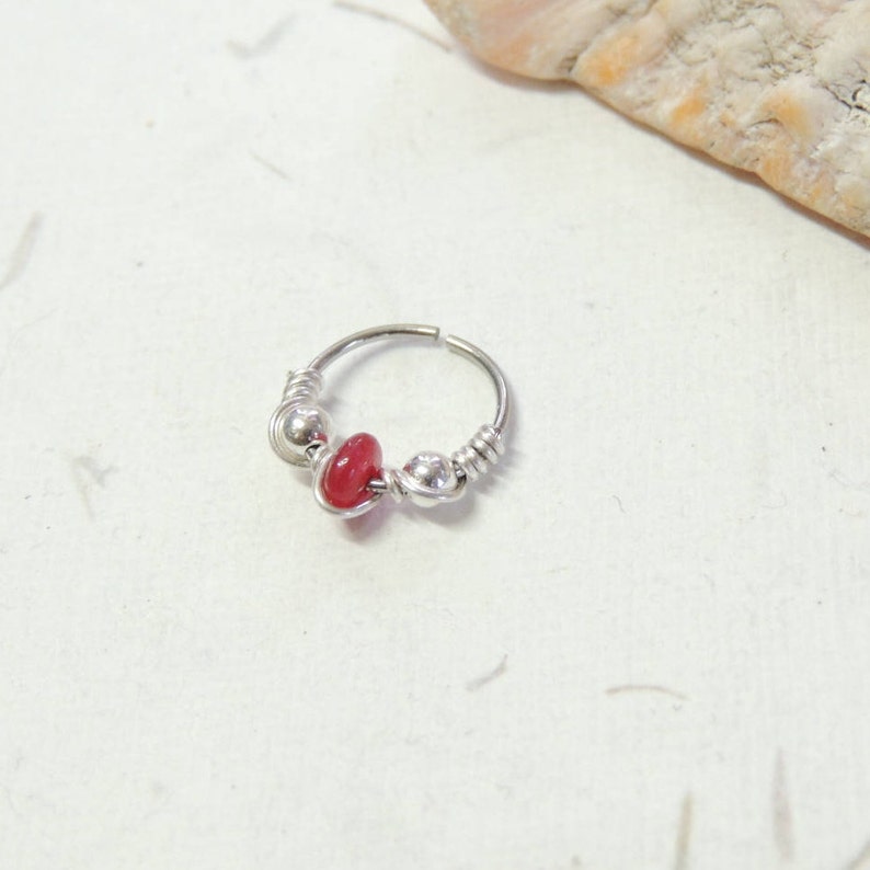 Cartilage Hoop Earring Wire Wrapped Ruby Beaded Nose Hoop Tragus Helix Orbital Cartilage Hoop Earring 20g Endless Hoops