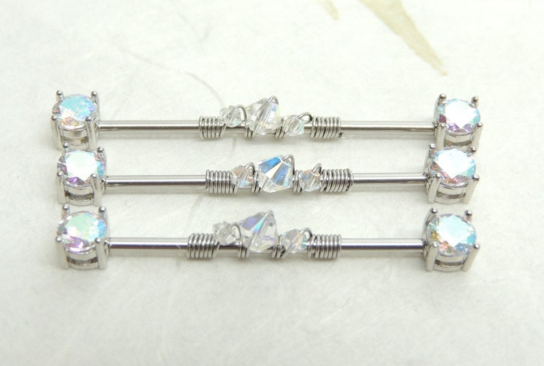 Aurora Borealis Wire Wrapped Industrial Barbell, Scaffold Ear Earring, Industrial Piercings, 14g Surgical Steel Body Jewelry 画像 4