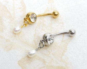 Dainty White Pearl Belly Ring You Choose Finish, Belly Button Jewelry, Nautical Beach Ocean, Gold Belly Ring