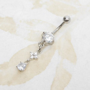 Floral Sparkle Belly Ring, Navel Jewelry, Steel Belly Rings, Body Jewelry, 14g Prong Set