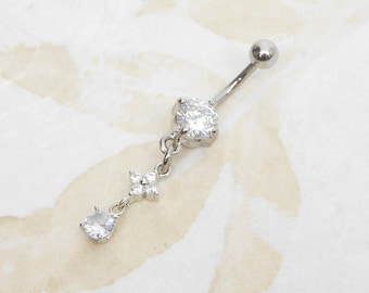 Floral Sparkle Belly Ring, Navel Jewelry, Steel Belly Rings, Body Jewelry, 14g Prong Set