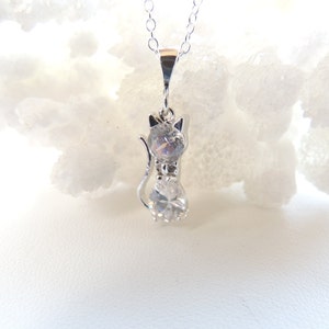 Puede incluir: Un collar con colgante de gato plateado. El colgante est&aacute; hecho de cristales transparentes y facetados, formando la forma de un gato. La cadena del collar tambi&eacute;n es plateada. El colgante de gato tiene un collar y una cabeza peque&ntilde;a. El fondo es blanco.