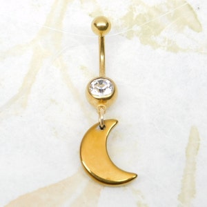 Crescent Moon Dangle Belly Ring, Celestial Belly Ring, Navel Piercing, Cute Belly Ring, 14g Curved Barbell