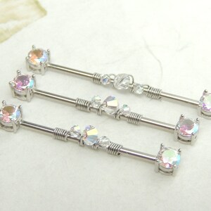 Aurora Borealis Wire Wrapped Industrial Barbell, Scaffold Ear Earring, Industrial Piercings, 14g Surgical Steel Body Jewelry 画像 2