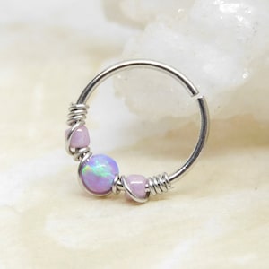 Lavender Opal Beaded Cartilage Hoop, Septum Nose Ring Hoop, Helix Daith Orbital Piercing, Seamless Hoops, Opal Body Jewelry image 1