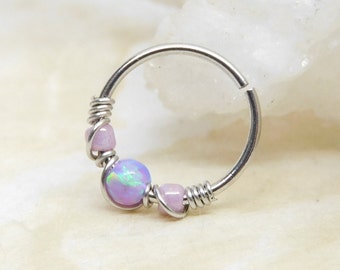 Lavender Opal Beaded Cartilage Hoop, Septum Nose Ring Hoop, Helix Daith Orbital Piercing, Seamless Hoops, Opal Body Jewelry