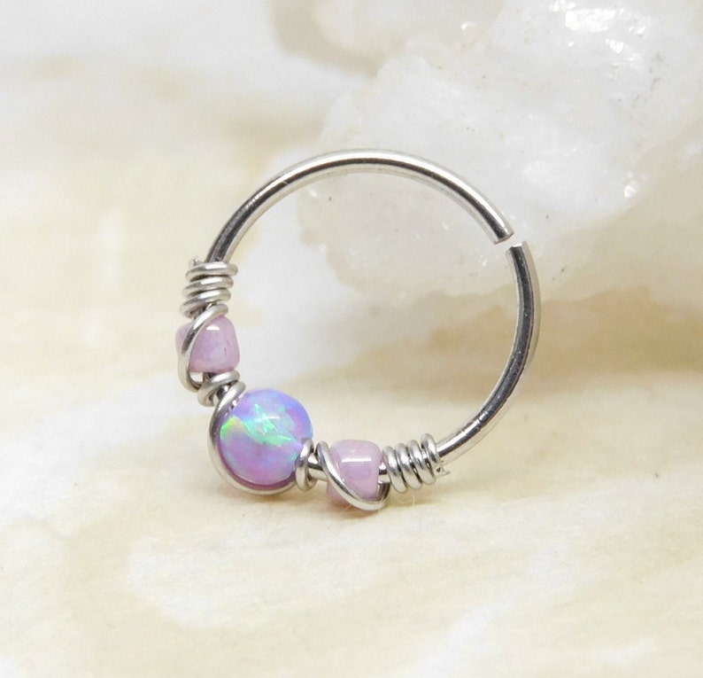 Lavender Opal Beaded Cartilage Hoop, Septum Nose Ring Hoop, Helix Daith Orbital Piercing, Seamless Hoops, Opal Body Jewelry image 1