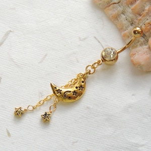 Crescent Moon Stars Dangle Belly, Belly Button Jewelry, Dangle Belly Ring, Moon Belly Ring, Celestial Belly Ring