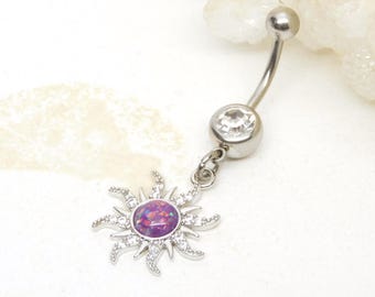 Opal Sparkle Sun Belly Ring, Sunburst Celestial Jewelry, Gift for Her, 14g Body Jewelry