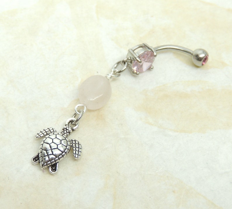 Turtle Belly Button Ring with Rose Quartz Dangle Belly Ring Turtle Lover Belly Button Jewelry Cute Belly Ring