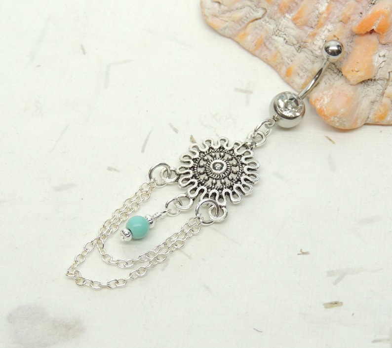 Boho Chain Dangle Belly Ring With Turquoise Silver Belly Etsy