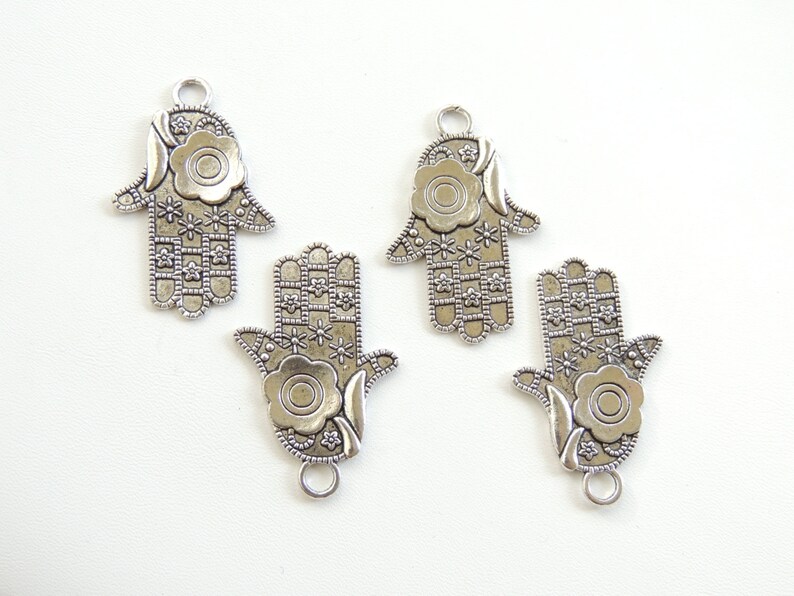 Jewish Hamsa Hand DIY Jewelry Making Supply. Silver Charms Large Hand Charm Flower Charms Large Hamsa Hand Pendant Charms 4 pc