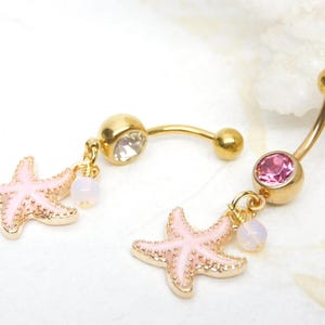 Pink Starfish Dangle Belly Button Navel Ring, Gold Belly Ring, Starfish Jewelry, Nautical Beach Belly Ring