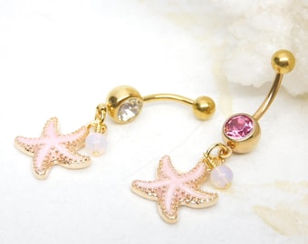 Pink Starfish Dangle Belly Button Navel Ring, Gold Belly Ring, Starfish Jewelry, Nautical Beach Belly Ring