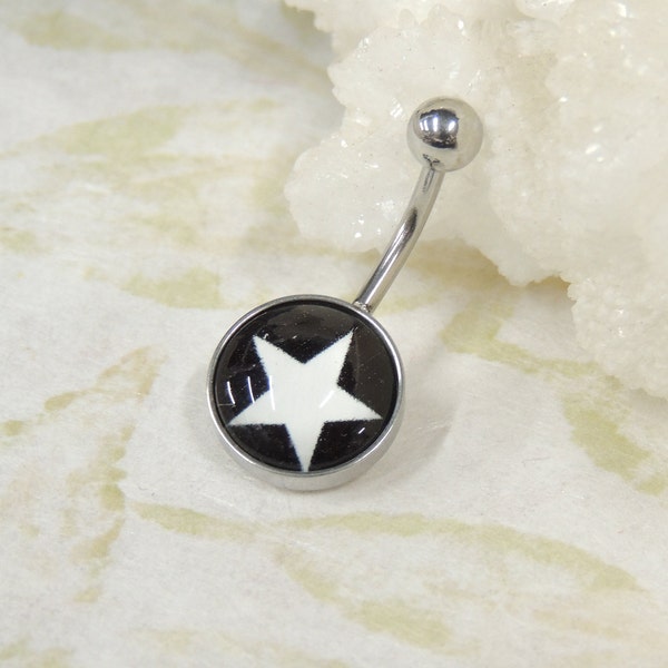 Black and White Star Print Belly Navel Ring, Non Dangle Simple Belly Ring, Navel Piercings, Body Piercing Jewelry