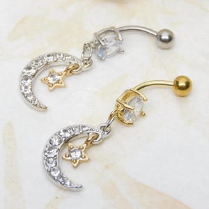 Crescent Moon Star Dangle Belly Ring, Celestial Belly Ring, Body Jewelry, Gift for Her, Navel Jewelry