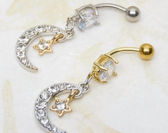 Crescent Moon Star Dangle Belly Ring, Celestial Belly Ring, Body Jewelry, Gift for Her, Navel Jewelry