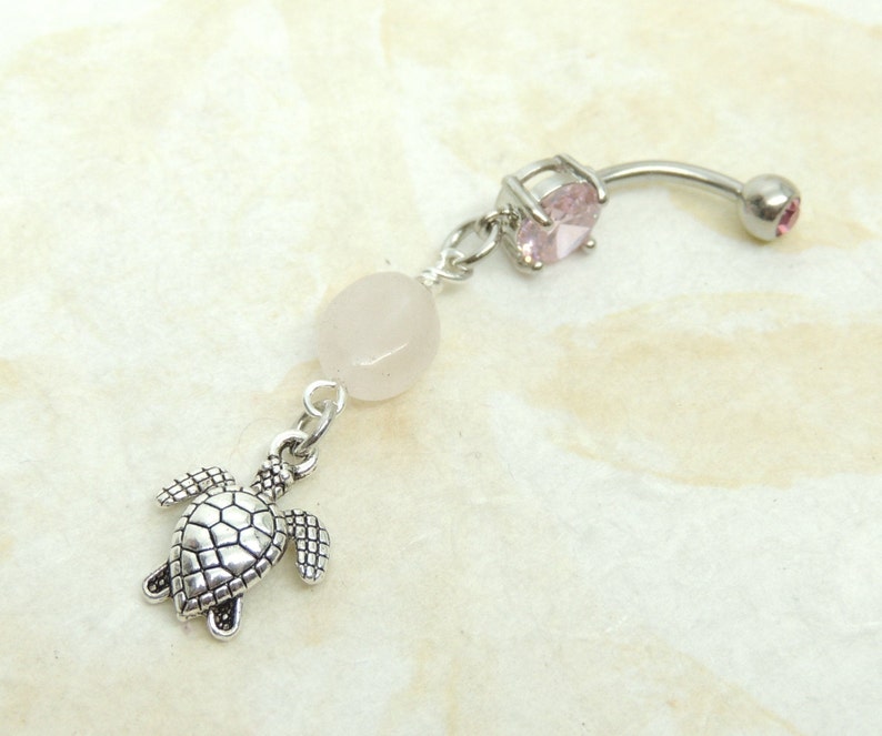 Turtle Belly Button Ring with Rose Quartz Dangle Belly Ring Turtle Lover Belly Button Jewelry Cute Belly Ring