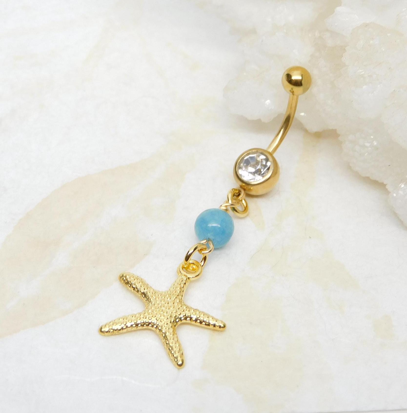 Starfish Belly Button Ring With Aquamarine, Dangle Belly Ring, Belly ...