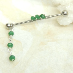 14g 16g Emerald Wire Wrapped Industrial Bar with Removable Dangle, Scaffold Ear Earring, Upper Ear Cartilage Barbell