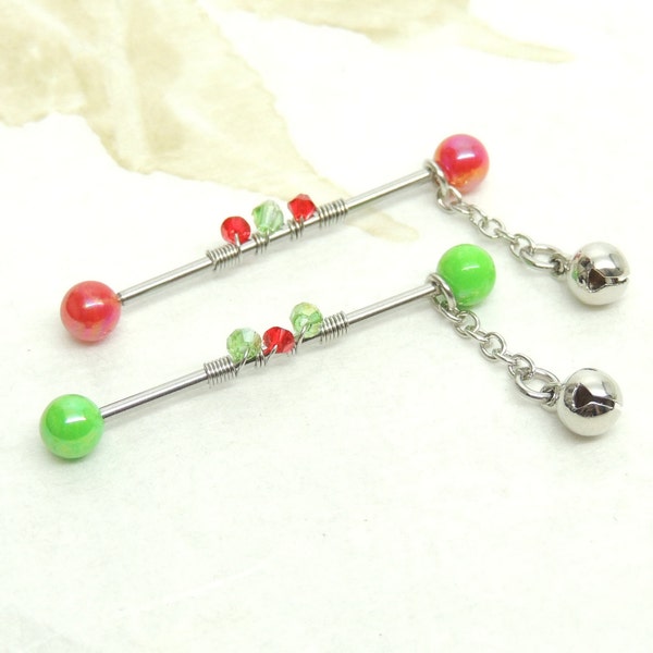 Red Green Jingle Bell Industrial Bar, Scaffold Earring, Industrial Piercings, Christmas Holiday Body Jewelry