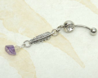 May include: A silver belly button ring with a clear crystal, a silver feather charm, and a purple amethyst stone.
