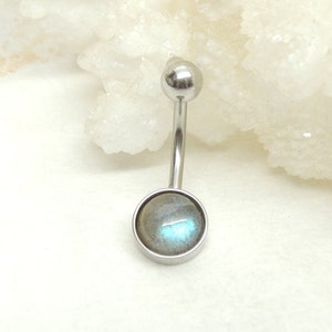Natural Labradorite Belly Ring 8mm Stone, 316L Surgical Steel Belly Bar, Gemstone Belly Ring, Body Jewelry