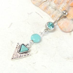Turquoise Arrowhead Dangle Belly Ring, Navel Jewelry, 14g