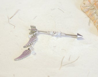 Piercing industrial con forma de ala de ángel, 14 g y 16 g, arete de andamio, piercings industriales, piercing con alambre envuelto