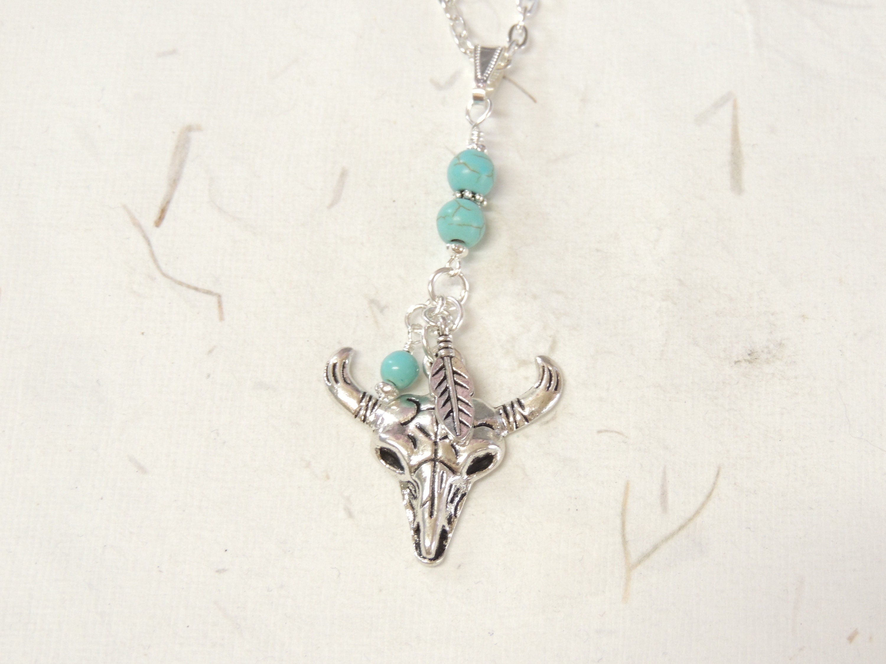 Cow Skull Necklace With Turquoise Beads 