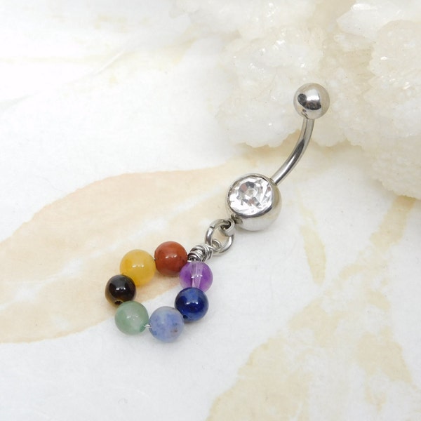 Chakra Mixed Gemstone Dangle Belly Ring, Natural Stone Belly Ring, Handcrafted Body Jewelry, Prong Set Belly Navel Ring, Chakra Jewelry