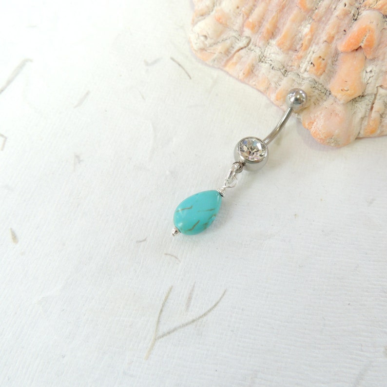 Turquoise Dangle Belly Button Ring Silver Belly Ring Teardrop Belly Ring Turquoise Belly Ring