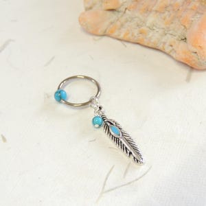 Turquoise Feather Cartilage Hoop Earring with Turquoise Beads, CBR Captive Bead Ring, Helix Earring, Boho Tribal Feather Cartilage Hoop