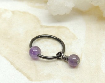 Black Anodized Cartilage Hoop with Amethyst Bead Closure, 16g CBR Captive Bead Belly Ring, Tragus Helix Daith Ring, Amethyst Hoop Earring