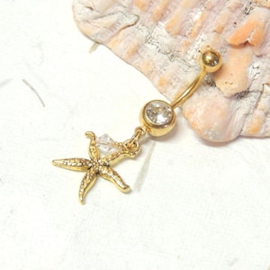 Gold Starfish Belly Button Ring, Dangle Belly Ring, Gold Belly Ring, Starfish Jewelry, Nautical Beach Belly Ring