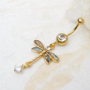 Golden Abalone Dragonfly Belly Ring, Belly Button Jewelry, Dragonfly Jewelry, Navel Rings