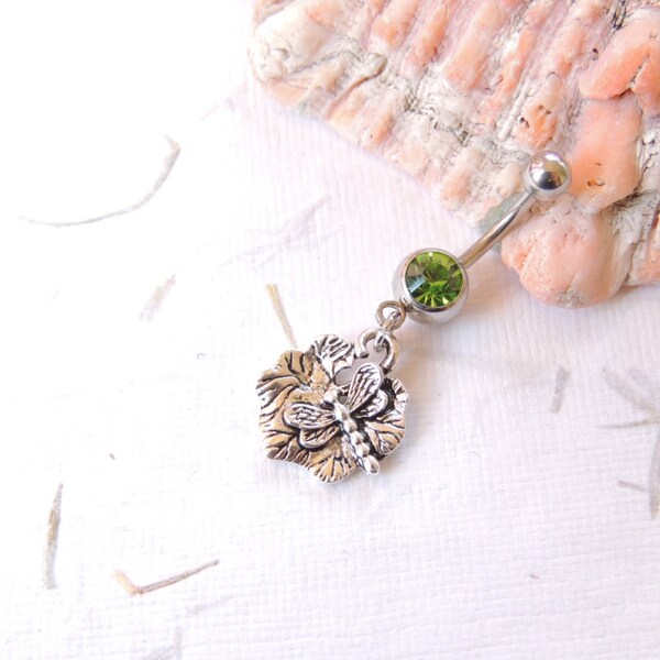 Dragonfly Belly Button Ring You Choose Barbell Color, Silver Belly Rings, Body Jewelry, Dangle Belly Ring, 14g Barbell