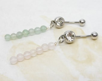 Rose Quartz Dangle Belly Ring, Green Aventurine Belly Ring, Natural Stone Belly Ring, 14g Surgical Steel