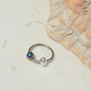 Rainbow Hematite Cartilage Hoop Earring with Removable Bead, CBR Captive Bead Rings, Tragus Helix Daith Nose Ring, 14g 16g