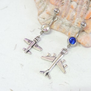 Airplane Belly Ring You Choose Style and Barbell Color, Silver Belly Rings, Body Jewelry, Airplane Jewelry