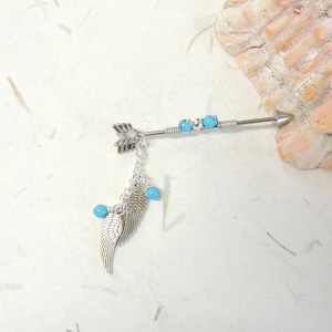 Turquoise Arrow Industrial Barbell, Angel Wing Barbell, 14g 16g Industrial Barbell, Industrial Piercings, Wire Wrapped Barbell