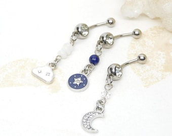 Moon Stars Cloud Belly Ring, Body Jewelry, Gift for Her, Navel Ring, Celestial