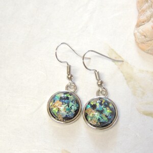 May include: A pair of silver dangle earrings with round, black-rimmed, glass cabochons filled with iridescent blue, green, and gold glitter.