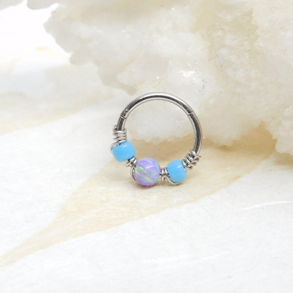 16g 20g Lavender Opal Septum Clicker, Opal Cartilage Hoop, Hinged Clicker, Septum Rings, Opal Body Jewelry