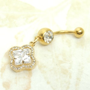 Golden Floral Dangle Belly Ring, Charm Belly Ring, Belly Button Navel Piercing