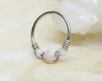 Pink Opal Beaded Cartilage Hoop, Septum Nose Ring Hoop, Helix Daith Orbital Piercing, Seamless Hoops, Opal Body Jewelry