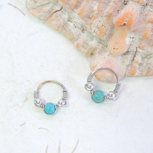 Turquoise Beaded Cartilage Hoop Earring, Beaded Nose Ring Hoop, Wire Wrapped Hoop, Tragus Helix Orbital Piercing, 20g Hoop